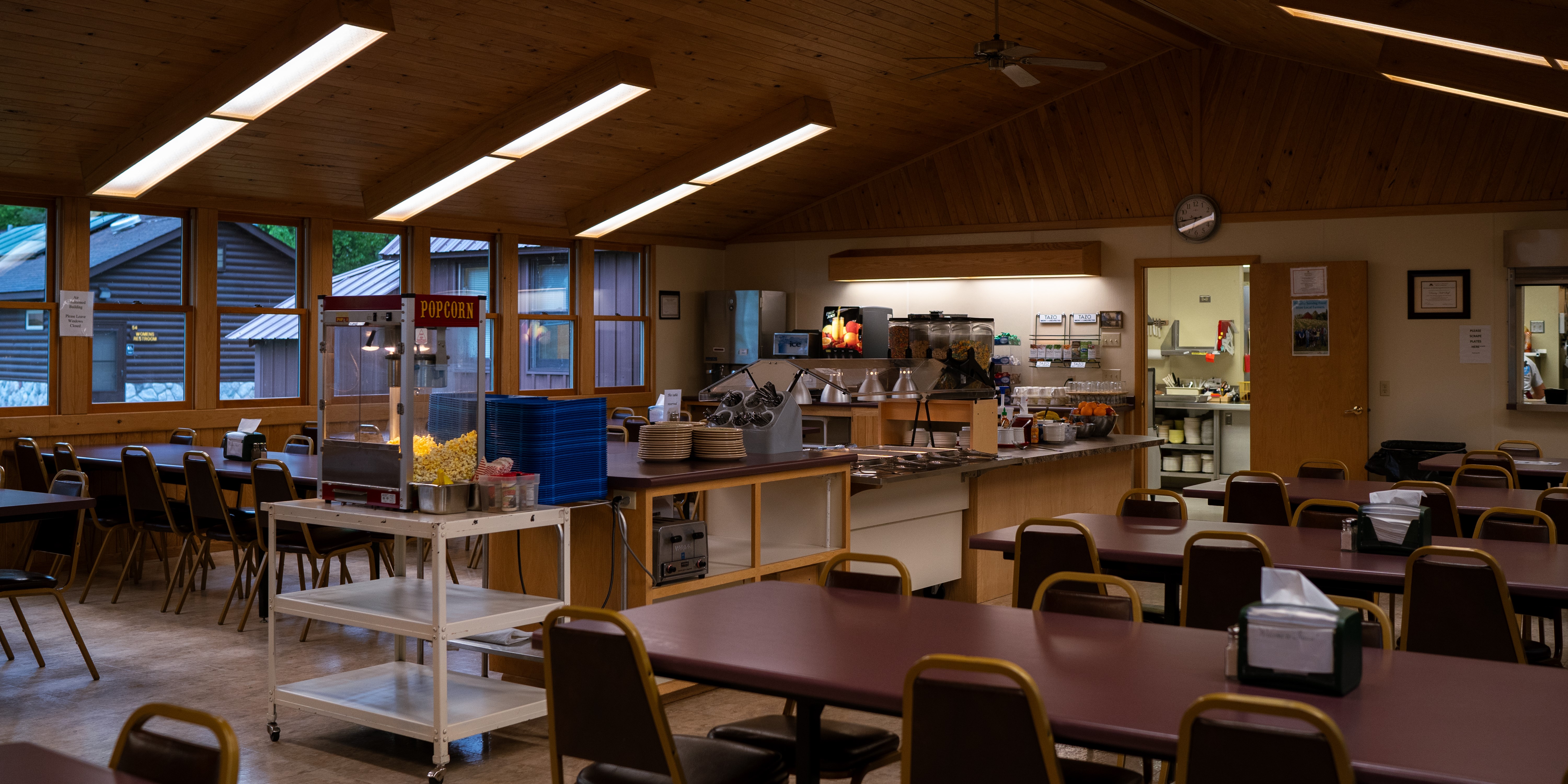 Interior view of the Itasca Station dining hall, showing the buffet line, drink counter, and tables