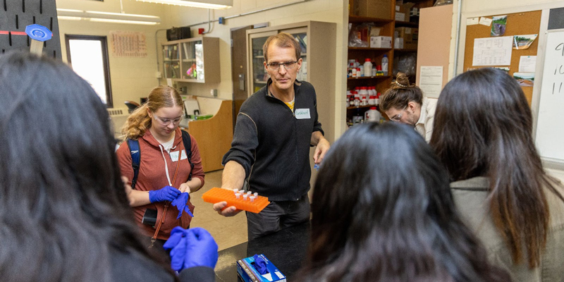 Burckhard Seelig and students conduct mini experiments in the lab.