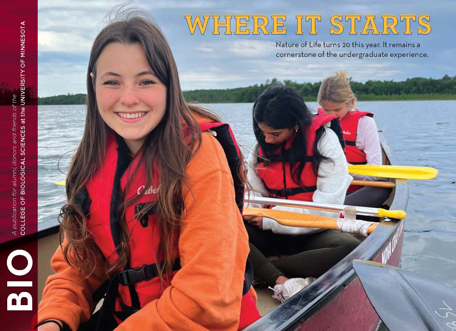 Cover of Bio for Spring 2023, three students in canoe at Itasca Biological Station