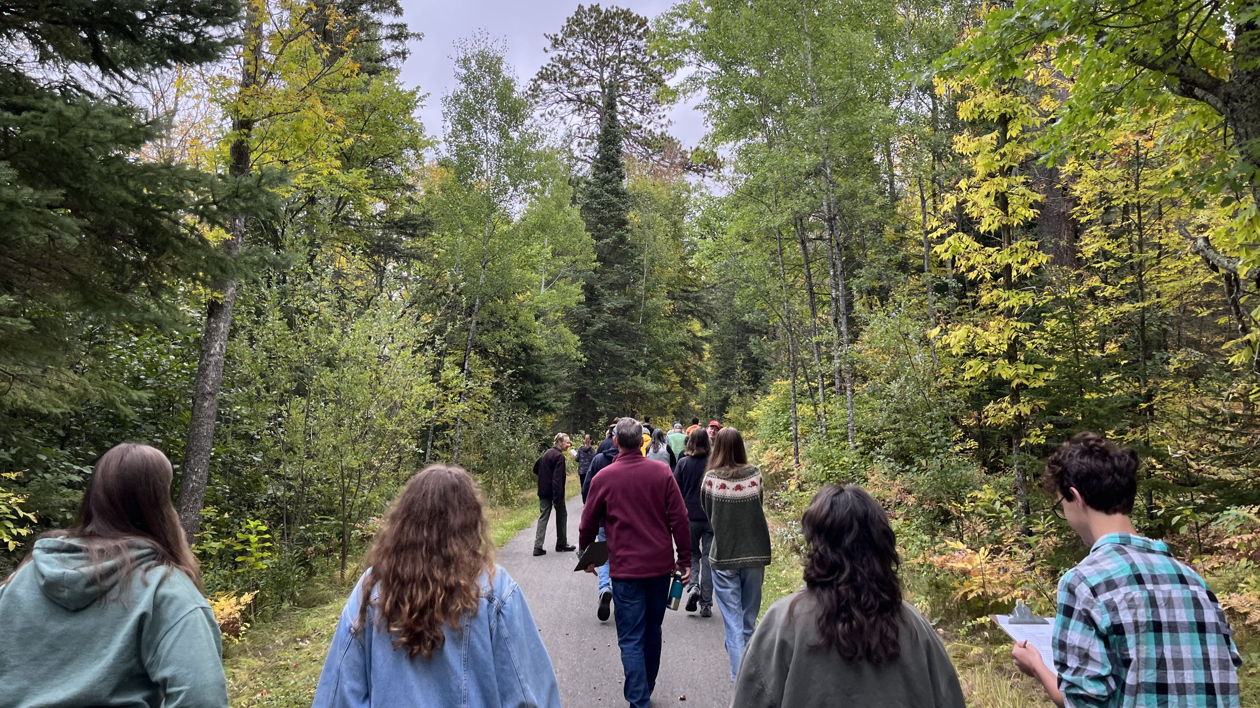 People walking on a trail in Itasca State Park, surrounded by trees