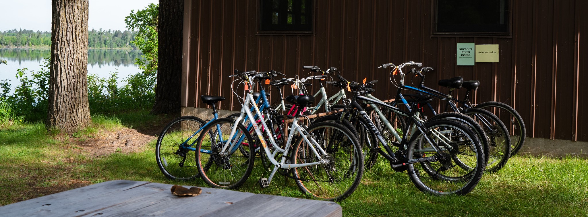 Bikes parked outside the dining hall at Itasca Station