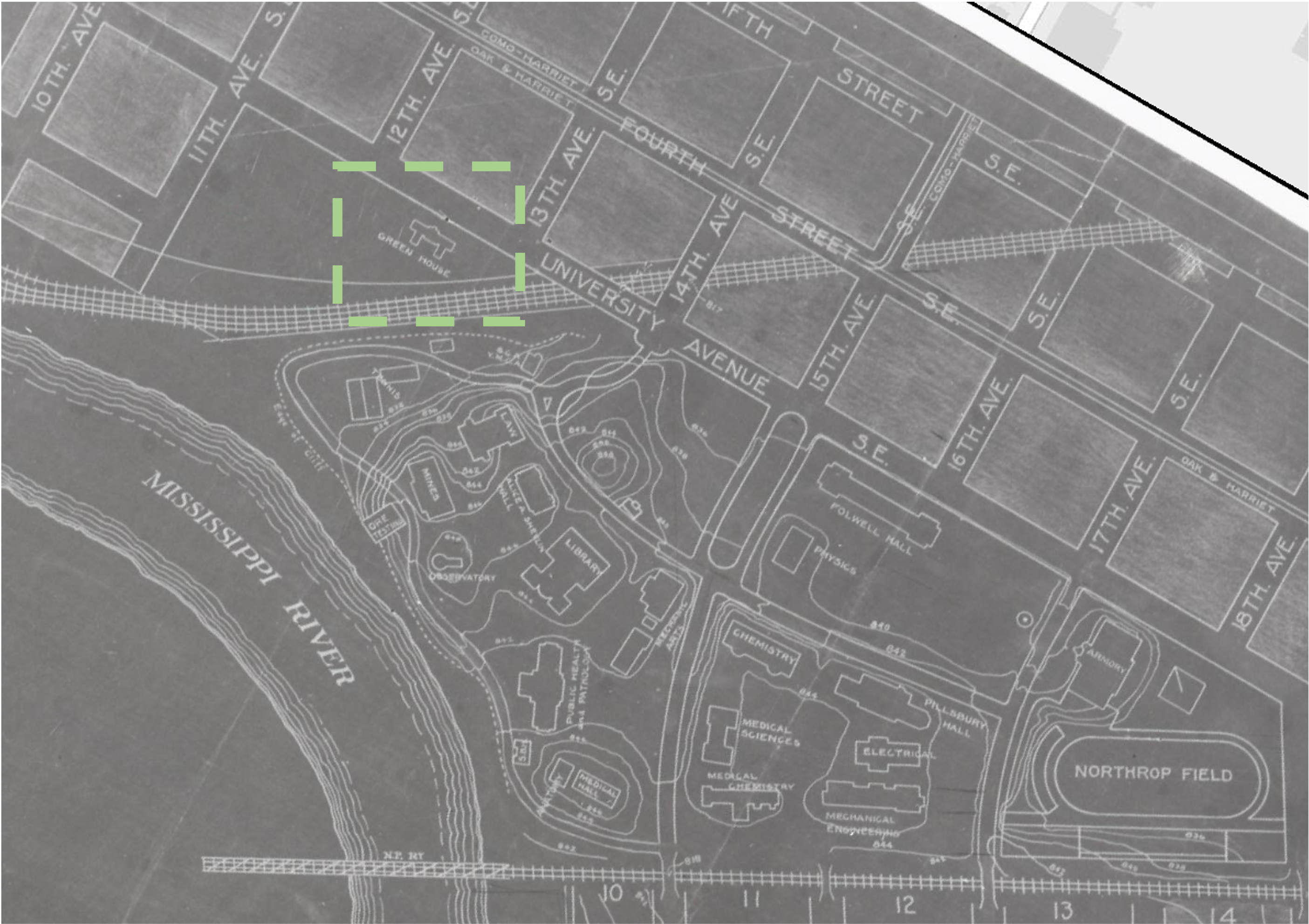 Aerial map of the University campus circa 1910 with the greenhouse facilities highlighted in green.