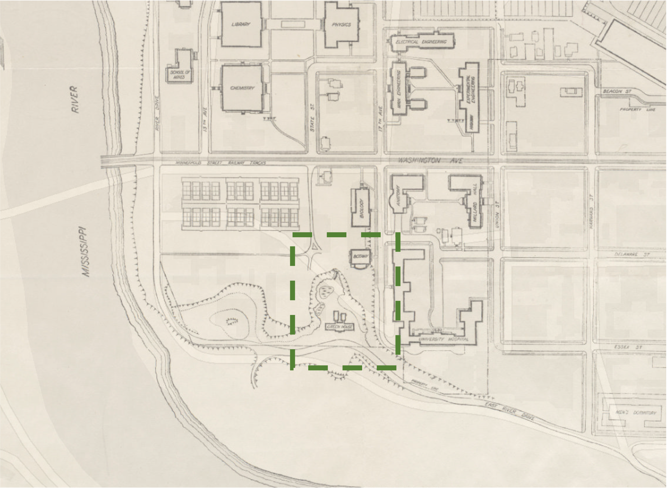 Map of the university's campus with the Botany Building and Botany Greenhouses higlighted in green