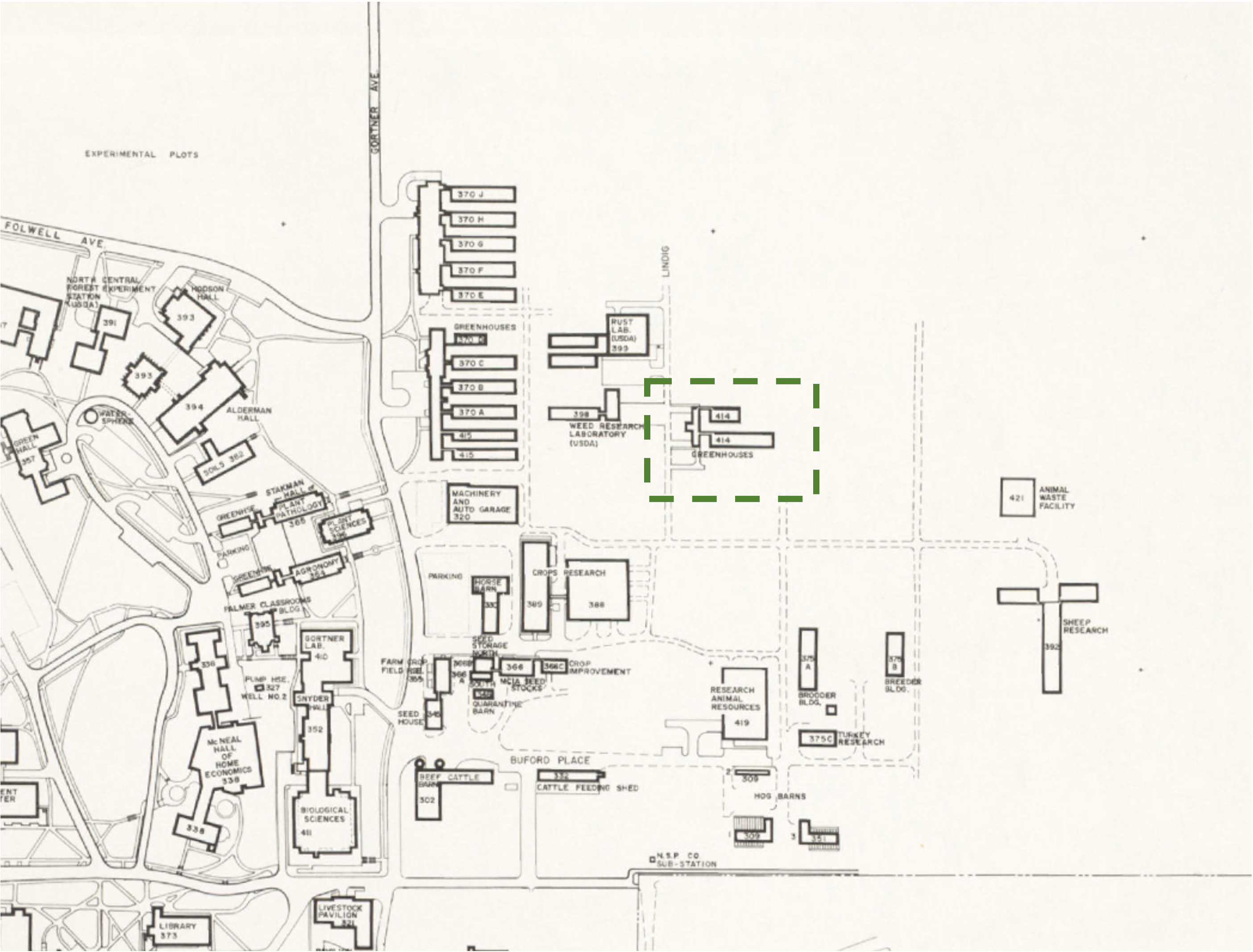 Map of the St. Paul Campus with the CBS greenhouses highlighted in green