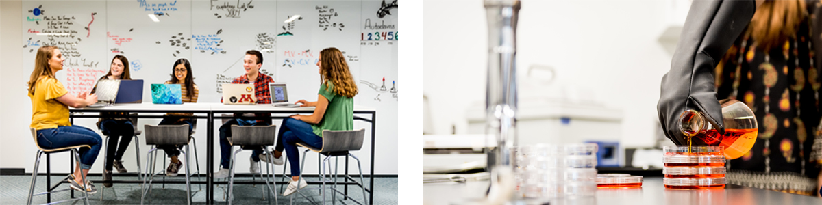 Students working in the Active Learning Lab and a student pouring liquid