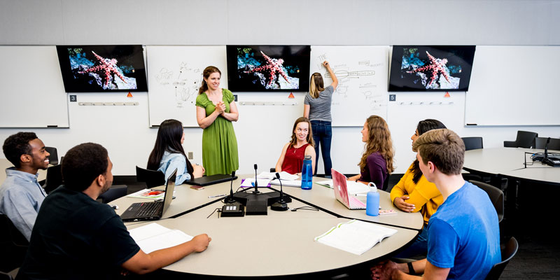 Faculty member engages undergrads in an active learning classroom