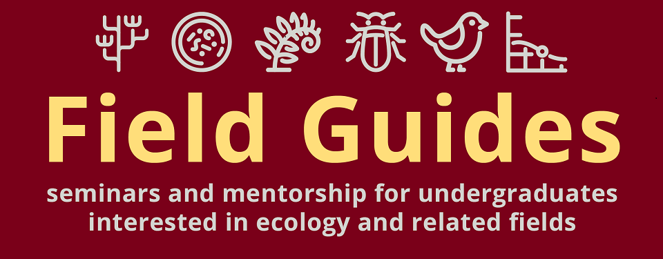 Maroon background with icons of a plant, petri dish, fern, beetle, bird, and graph. Yellow text reads \