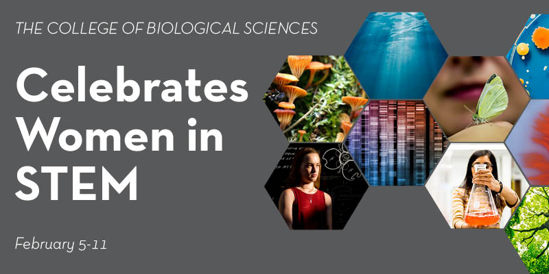 Words "CBS celebrates Women in STEM" on gray background with a variety of science-related images to the right
