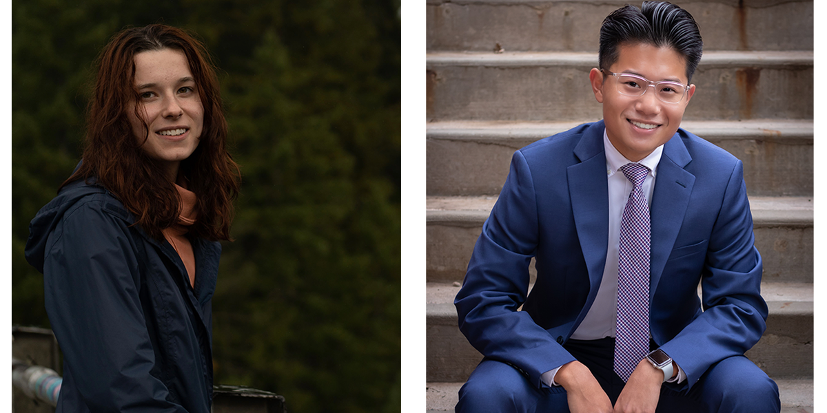 Side by side portrait of Madelyn and Roj. Madelyn has medium length brown hair and is wearing a navy blue rain jacket. Roj is wearing glasses and a blue suit with lavender tie. 
