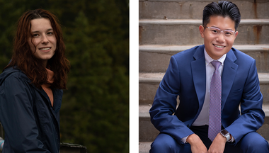 Side by side portrait of Madelyn and Roj. Madelyn has medium length brown hair and is wearing a navy blue rain jacket. Roj is wearing glasses and a blue suit with lavender tie. 