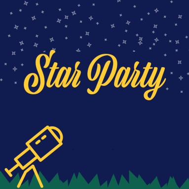 Illustrated stars, telescope, and grass with blue background and text that says 'Star Party'