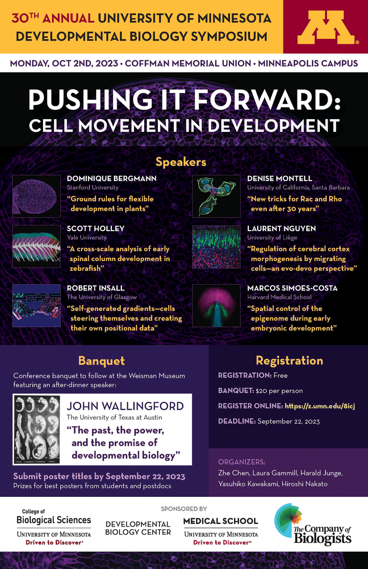 Information about the 30th DBC Symposium, including speakers Dominique Bergmann, Scott Holley, Robert Insall, Denise Montell, Laurent Nguyen, Marcos Simoes-Cost and John Wallingford